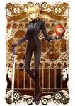  ahoge artoria_pendragon_(all) black_gloves blonde_hair character_name excalibur fate/zero fate_(series) formal gloves green_eyes hachini hand_on_hilt hands_on_hilt necktie pant_suit ponytail saber solo stuffed_animal stuffed_lion stuffed_toy suit sword weapon 