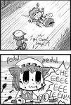  2girls :3 animal_ears bicycle blood blush cat_ears chen comic drunk earrings gourd greyscale ground_vehicle hat honk_honk horns ibuki_suika jewelry lowres meme monochrome multiple_girls third-party_edit touhou 