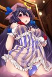  aki_(akikaze_asparagus) blush book bookshelf breast_suppress breasts covered_nipples crescent dress gloves hat library long_hair medium_breasts nipples open_mouth panties patchouli_knowledge purple_eyes purple_hair purple_panties see-through solo striped striped_dress touhou underwear voile white_gloves 