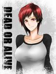  blush breasts collarbone copyright_name dead_or_alive dead_or_alive_5 healtz highres large_breasts mila_(doa) raglan_sleeves red_eyes red_hair short_hair smile solo 