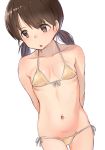  1girl :o arms_behind_back bangs bikini blush breasts brown_eyes brown_hair groin highres kabayaki_namazu kantai_collection long_hair low_twintails navel open_mouth parted_bangs shirayuki_(kantai_collection) simple_background small_breasts solo swimsuit twintails white_background yellow_bikini 