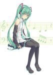  boots detached_sleeves green_eyes green_hair hatsune_miku headset long_hair looking_at_viewer musical_note necktie sitting skirt solo thigh_boots thighhighs totika twintails very_long_hair vocaloid 