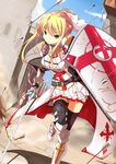  armor arrow belt blonde_hair fatkewell green_eyes hair_ribbon highres long_hair original ribbon running shield solo sword thighhighs weapon 