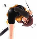  ahoge ass bike_shorts boots brown_eyes brown_hair dual_wielding from_below holding hood hoodie knife linne looking_down orange_shirt reverse_grip shimo_(depthbomb) shirt sword under_night_in-birth weapon 