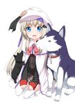  :d belka blue_eyes blush bow cape dog hat highres kneeling little_busters! long_hair looking_at_viewer noumi_kudryavka open_mouth pink_bow shouji_ayumu silver_hair simple_background smile solo strelka thighhighs white_background white_legwear 