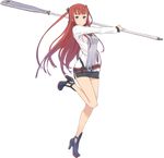  arca_(summon_night) belt blush full_body high_heels holding kuroboshi_kouhaku leg_up long_hair miniskirt official_art red_hair shoes skirt smile solo summon_night summon_night_5 transparent_background weapon 