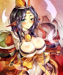  armor black_hair blush bodysuit bow breasts cleavage cleavage_cutout ear_covers glasses green_eyes hat ice_(iceglacier) juana kyoukaisenjou_no_horizon large_breasts long_hair pantyhose pointy_ears solo 