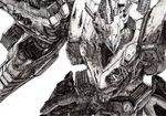  akira_(mydictionary) armored_core armored_core:_for_answer ballpoint_pen_(medium) glowing glowing_eyes highres mecha no_humans simple_background spot_color traditional_media white_background white_glint 
