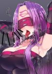  1girl absurdres armpits arms_behind_head arms_up black_gloves blindfold blush breasts cleavage collar commentary_request elbow_gloves facial_mark fate/grand_order fate_(series) forehead forehead_mark gloves hair_intakes highres kobo_(cobo_0609) large_breasts long_hair open_mouth penis purple_hair rider smell solo sweat tongue translation_request 
