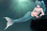  1girl :o bikini blue_hair breasts fish_tail hair hatsune_miku long long_hair mermaid midriff monster_girl swimsuit underboob underwater vocaloid 