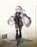  1girl armband assault_rifle bangs black_gloves black_legwear blonde_hair blush boots breasts brown_jacket brown_skirt bullpup character_name choker copyright_name eyebrows_visible_through_hair floating_hair flower full_body girls_frontline gloves gun hair_between_eyes hair_flower hair_ornament hairband heiwari_kanade hexagram highres holding holding_flower holding_gun holding_weapon iwi_tavor_x95 jacket load_bearing_equipment logo long_hair looking_at_viewer medium_breasts official_art parted_lips petals pleated_skirt rifle rose sidelocks skirt smile solo star_of_david thigh_strap thighhighs trigger_discipline walking weapon white_flower white_rose wind x95_(girls_frontline) 