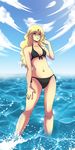  1girl absurdres bikini blonde_hair bra female highres long_hair panties purple_eyes shijou_saikyou_no_deshi_ken&#039;ichi shijou_saikyou_no_deshi_ken'ichi shiratori small_breasts standing summer swimsuit underwear water 