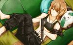  amane_suzuha ame_noti_hare armband bare_shoulders braid brown_hair couch crossed_legs gun jewelry lying midriff necklace on_back pants short_hair sitting solo steins;gate twin_braids weapon yellow_eyes 