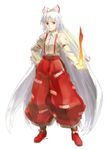  bow fire flame fujiwara_no_mokou full_body hair_bow hand_in_pocket long_hair nakajimayou pants shoes silver_hair solo suspenders touhou very_long_hair white_background 