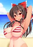  armpits arms_up beach bikini bikini_top blush bottomless breasts brown_hair day detached_sleeves hair_tubes hakurei_reimu highres huge_breasts john_(nakoto) long_hair looking_at_viewer nipple_slip nipples one-piece_tan open_mouth outdoors outstretched_arms parted_lips puffy_nipples red_eyes shiny shiny_skin skindentation smile solo strap_gap striped striped_bikini swimsuit tan tanline touhou water 