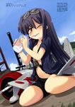  absurdres bike_shorts black_hair blue_sky brown_eyes day drinking dutch_angle flat_chest goggles goggles_on_head harness highres ki-27 long_hair mamo_williams mc_axis mecha_musume milk navel open_clothes original personification propeller scan sitting sky solo spill sweat tears wariza wince 