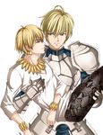  ahoge armor arthur_pendragon_(fate) blonde_hair bracelet carrying fate/prototype fate/zero fate_(series) gilgamesh green_eyes jewelry male_focus multiple_boys necklace princess_carry red_eyes snakeskin_print yy_(yytomb) 