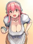  :d barmaid blush breasts cleavage corset dirndl downblouse german_clothes hand_on_hip hanging_breasts headphones large_breasts leaning_forward long_hair nitroplus oktoberfest open_mouth pink_eyes pink_hair smile solo super_sonico tsuda_nanafushi 