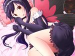  accel_world antenna_hair bare_shoulders black_hair bug butterfly butterfly_wings dress elbow_gloves frills gloves headband insect kuroyukihime lying orange_eyes pillow solo takamine_tsukumo wings 