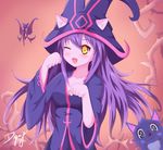  animal_ears blush breasts cleavage collarbone dying_(dying0414) ears_through_headwear fairy hat league_of_legends long_hair lulu_(league_of_legends) medium_breasts one_eye_closed open_mouth paw_pose pink_skin pix purple_hair purple_skin solo wicked_lulu witch_hat yellow_eyes 