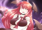  :d ^_^ bad_id bad_pixiv_id bat_wings blush breast_hold breasts closed_eyes dress_shirt dutch_angle hammer_(sunset_beach) head_wings koakuma large_breasts long_hair low_wings magic_circle necktie open_mouth red_hair red_neckwear shirt skirt skirt_set smile solo touhou very_long_hair vest white_shirt wings 
