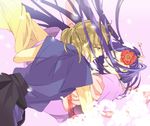  1girl ataka brown_hair carrying closed_eyes couple flower hair_flower hair_ornament hetero japanese_clothes long_hair ponytail princess_carry purple_hair sonoe suto tears usubeni_tennyo 