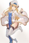  1girl :o ass bangs blonde_hair blue_eyes blush boots breasts commentary_request eyebrows_visible_through_hair full_body goblin_slayer! gradient gradient_background hand_up hat head_tilt highres leg_up long_hair long_sleeves looking_at_viewer medium_breasts parted_lips pelvic_curtain priestess_(goblin_slayer!) solo thigh_boots thighhighs white_background white_footwear white_hat white_robe wide_sleeves xuan_(pixiv31113827) 