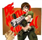  absurdres aiming brown_eyes brown_hair bulletproof_vest choker english finger_on_trigger foreshortening gloves gun handgun highleg highleg_panties highres holding holding_gun holding_weapon ivan_llanos midriff panties pistol pouch profanity rebecca_chambers resident_evil resident_evil_0 short_hair shouting slender_waist solo thong underwear uniform weapon zombie 