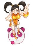  ;) black_hair blush bracelet breasts brown_eyes china_dress chinese_clothes dress foreshortening from_above highres ivan_llanos jewelry large_breasts ling_xiaoyu long_hair one_eye_closed orange_shirt panda sandals shirt smile solo tekken toned twintails 