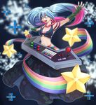  absurdres arcade_sona armpits bandeau blue_eyes blue_hair bra breasts cleavage collarbone controller earrings etwahl fingerless_gloves fingernails game_controller gloves gradient_hair highres instrument jewelry joystick kimsomi league_of_legends long_hair medium_breasts midriff multicolored_hair navel necklace open_mouth pink_hair purple_bra skirt solo sona_buvelle star twintails underwear 