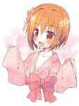  :d blush brown_eyes brown_hair hair_ornament japanese_clothes kimono meito_(maze) nene_(oda_nobuna_no_yabou) no_legs oda_nobuna_no_yabou open_mouth short_hair sketch smile solo upper_body 