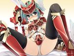  absurdres armor black_eyes black_legwear blush gradient gradient_background green_hair helmet highres mirim official_art queen's_blade queen's_blade_rebellion shin_guards shoes solo spread_legs sweat sword tears thighhighs tsurugi_hagane weapon winged_helmet winged_shoes wings yellow_background 