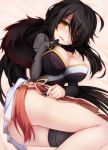  1girl ara_han black_hair blush braid breasts cleavage clothes_lift elsword hair_over_one_eye highres large_breasts long_hair looking_at_viewer lowell_(ouranoss2kanata) lying on_side open_mouth smile solo thighs yama_raja_(elsword) yellow_eyes 