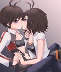  antenna_hair black_eyes black_hair blush dual_persona holding_hands idolmaster idolmaster_(classic) idolmaster_2 interlocked_fingers kikuchi_makoto meteors multiple_girls selfcest short_hair yuri 