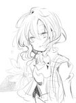  ascot bad_id bad_pixiv_id flower greyscale kazami_yuuka light_smile long_sleeves looking_at_viewer monochrome plaid shiroi_hakuto simple_background sketch solo touhou upper_body vest wavy_hair white_background 