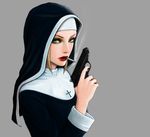  1girl baroque_works cigarette cross green_eyes grey_background gun habit handgun jimno lipstick looking_at_viewer makeup miss_catherina nun one_piece red_lipstick simple_background solo walther walther_ppk weapon 