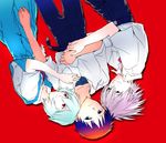  2boys ayanami_rei bad_id bad_pixiv_id blue_eyes frown hosaka_dx hug ikari_shinji multiple_boys nagisa_kaworu neon_genesis_evangelion red_background red_eyes school_uniform short_hair smile 