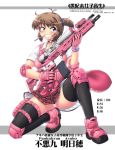  1girl ahoge assault_rifle black_legwear boots brown_hair choker commentary_request elbow_pads fang gloves gun h&amp;k_hk416 hase_yu holding holding_gun holding_weapon holster knee_pads kneeling mouth_hold one_knee original panties pantyshot pantyshot_(kneeling) pink pink_panties plaid plaid_skirt ponytail rifle school_uniform scope scrunchie skirt solo thigh_holster thighhighs translation_request underwear weapon 