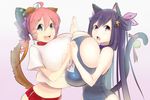  2girls animal_ears ariane bell blue_eyes breast_press breasts cat_ears cat_tail dog_ears dog_tail gigantic_breasts hair_ornament long_hair magister_(bigbakunyuu) multiple_girls open_mouth pink_hair purple_eyes sakuraba_himari skindentation smile symmetrical_docking tail 