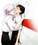  against_wall bad_id bad_pixiv_id blush brown_hair closed_eyes dutch_angle grey_hair hosaka_dx ikari_shinji licking male_focus multiple_boys nagisa_kaworu neon_genesis_evangelion saliva tongue wall_slam yaoi 