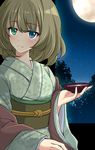  alcohol bad_id bad_pixiv_id blue_eyes blush brown_hair cup full_moon green_eyes heterochromia idolmaster idolmaster_cinderella_girls japanese_clothes kimono looking_at_viewer mole mole_under_eye moon ryokan sakazuki sake short_hair smile solo syno takagaki_kaede tsukimi 