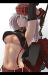  alisa_ilinichina_amiella armpits arms_up blue_eyes bracelet breasts cabbie_hat fingerless_gloves gloves god_eater god_eater_burst groin hat jewelry large_breasts long_hair murakata navel silver_hair skirt solo suspender_skirt suspenders underboob 