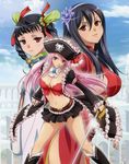  3girls absurdres black_hair breasts captain_liliana dress hat highres large_breasts miniskirt multiple_girls official_art pink_eyes pink_hair pirate pirate_hat queen&#039;s_blade queen&#039;s_blade_rebellion queen's_blade queen's_blade_rebellion red_dress red_eyes rin-sin sainyan sainyang_(queen's_blade) short_skirt siblings sisters skirt smile standing sword tarnyan tarnyang_(queen's_blade) twins weapon white_dress 