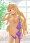  ahoge blonde_hair blush bra bra_removed breasts brown_hair collarbone finger_to_mouth groin highres holding holding_bra long_hair medium_breasts navel nipples original panties purple_bra purple_panties solo tsukikase underwear underwear_only 