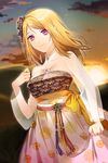  bangs bare_shoulders blonde_hair breasts cleavage collarbone flower hanbok holding korean_clothes long_hair lowres medium_breasts outdoors parted_bangs pink_eyes ribbon rose_pacifica smile solo strapless sunset sword_girls tyuhus 