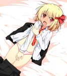  blonde_hair blush covering dress_shirt fang groin hair_ribbon kousa_(black_tea) lying messy_hair necktie on_back open_clothes open_mouth open_shirt panties pointy_ears red_eyes red_neckwear ribbon rumia shirt skirt skirt_pull solo tears touhou underwear wavy_mouth white_panties 