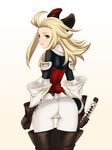  armor armored_dress ass blonde_hair boots bow bravely_default:_flying_fairy bravely_default_(series) cameltoe edea_lee gloves green_eyes hair_bow highres hou_(hachiyou) katana long_hair looking_at_viewer no_panties pantyhose simple_background skin_tight solo sword thigh_boots thighhighs weapon white_background 
