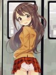  ass blush brown_eyes brown_hair ground_vehicle idolmaster idolmaster_cinderella_girls leki_(galekimaru) long_hair looking_at_viewer panties plaid plaid_skirt pleated_skirt school_uniform shimamura_uzuki skirt skirt_lift solo tears train underwear upskirt wavy_mouth 