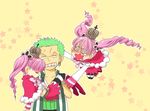  1boy 1girl blush carrying crown dual_persona earrings embarrassed green_hair haramaki jewelry kuraigana_island long_hair one_piece perona pink_hair princess_carry roronoa_zoro scar short_cape show-nosuke skirt sleeping unconscious 