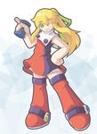  adapted_costume bad_id bad_pixiv_id bare_shoulders blonde_hair blush boots colored_eyelashes doll_joints dress energy_tank green_eyes grin hair_ribbon highres long_hair one_eye_closed ponytail red_skirt ribbon rockman rockman_(classic) roll skirt sleeveless smile solo usk_(19890904) 